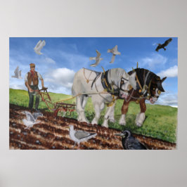 Zware paarden ploegen in maart poster