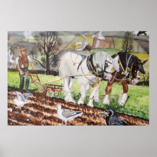 Zware paarden ploegen in maart poster
