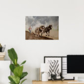 Zware paarden ploegen onder een zware lucht poster (Thuiskantoor)