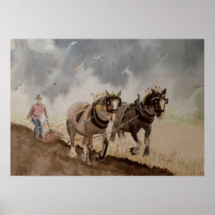 Zware paarden ploegen onder een zware lucht poster