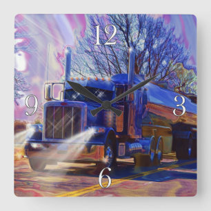Zware transportblauwe tanker Truck Wall Clock Vierkante Klok