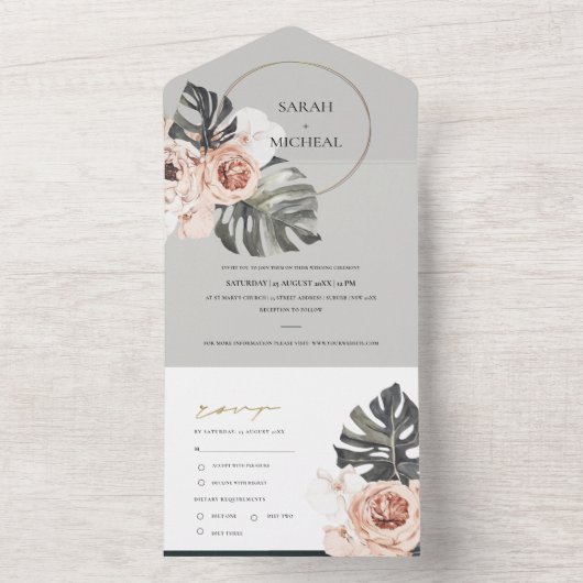 ZWARE ZWART, WREATS MONSTRERA LEAF WEDING ALL IN ONE UITNODIGING (Binnen)