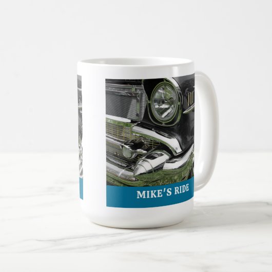 Zwart 1957 Chevy Car, naam/bericht, uw foto/kunst Koffiemok (Voorkant rechts)