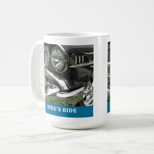 Zwart 1957 Chevy Car, naam/bericht, uw foto/kunst Koffiemok (Voorkant links)