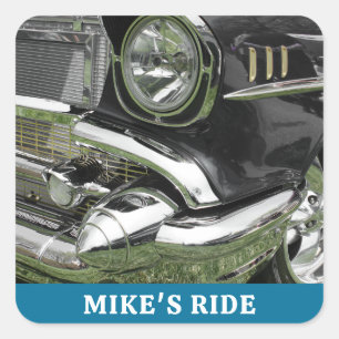 Zwart 1957 Chevy Car, naam/bericht, uw foto/kunst Vierkante Sticker