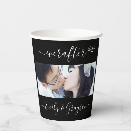 Zwart 2 Foto Eenvoudig Modern Huwelijksfeest Papieren Bekers (Achterkant)