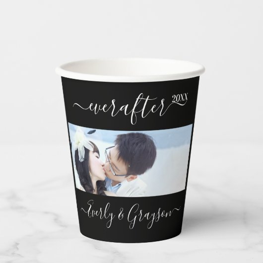 Zwart 2 Foto Eenvoudig Modern Huwelijksfeest Papieren Bekers (Voorkant)