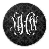 Zwart 2 Tone Damast #3 Winged Script Monogram Keramische Knop (Voorkant)