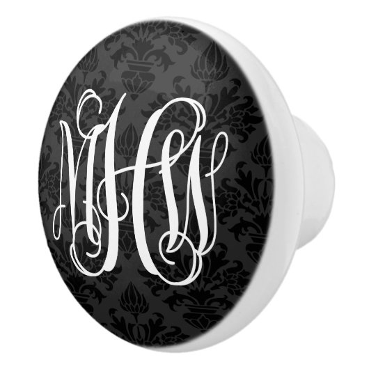 Zwart 2 Tone Damast #3 Winged Script Monogram Keramische Knop (Rechts)