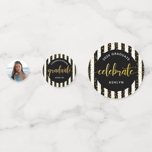 Zwart 3 Foto Afstuderen Goud Glitter Script Pet Confetti (Voorkanten)