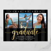 Zwart 3 foto afstuderen modern script echt goud folie uitnodiging (Voorkant)