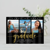 Zwart 3 foto afstuderen modern script echt goud folie uitnodiging (Staand Voorkant)