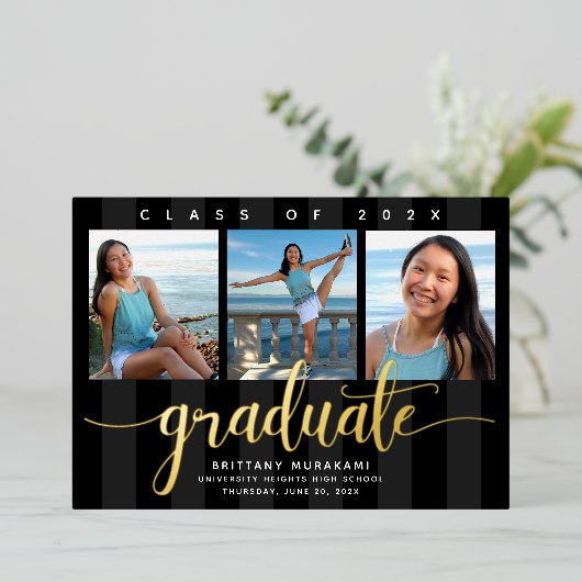 Zwart 3 foto afstuderen modern script echt goud folie uitnodiging (Staand Voorkant)