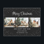 Zwart 3 Foto Collage Sneeuw Minimalist Feestdagenkaart<br><div class="desc">Modern zwart fotovakantie briefkaart met een fotocollage en vallende sneeuwval aan de voorzijde en een waterverf winterscène aan de achterzijde. Personaliseer dit vakantie-briefkaart eenvoudig met uw foto's en tekst. De achtergrond kan worden gewijzigd in elke kleur.</div>