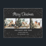Zwart 3 Foto Collage Sneeuw Minimalist Feestdagenkaart<br><div class="desc">Modern zwart fotovakantie briefkaart met een fotocollage en vallende sneeuwval aan de voorzijde en een waterverf winterscène aan de achterzijde. Personaliseer dit vakantie-briefkaart eenvoudig met uw foto's en tekst. De achtergrond kan worden gewijzigd in elke kleur.</div>