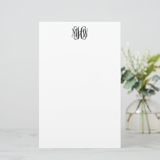 Zwart 3 Initiaal Vine Script Monogram DIY BG Stati Briefpapier (Staand voorkant)