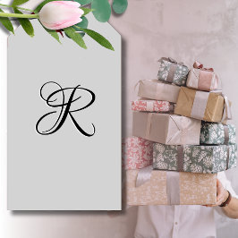 Zwart 3D Calligrafie Initiaal Letter | Pastel grij Cadeaulabel