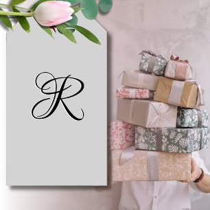 Zwart 3D Calligrafie Initiaal Letter Pastel grij Cadeaulabel