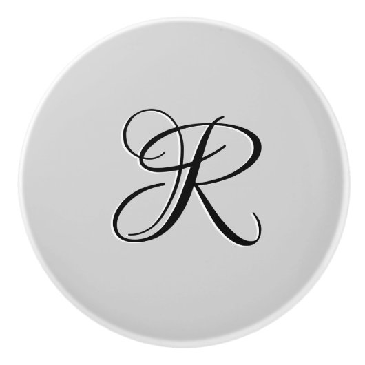 Zwart 3D Calligrafie Initiaal Letter | Pastel grij Keramische Knop (Voorkant)