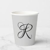 Zwart 3D Calligrafie Initiaal Letter | Pastel grij Papieren Bekers (Voorkant)