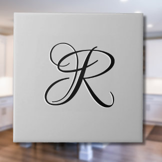 Zwart 3D Calligrafie Initiaal Letter | Pastel grij Tegeltje