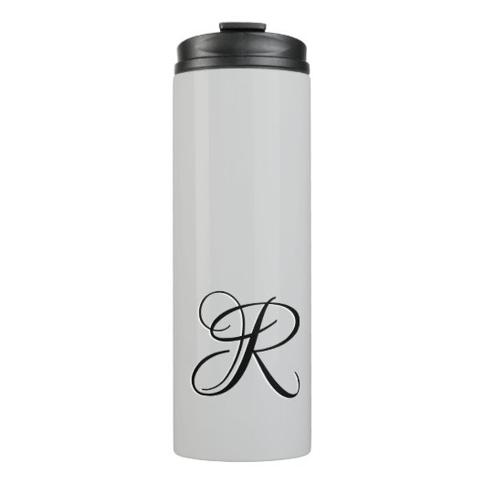 Zwart 3D Calligrafie Initiaal Letter | Pastel grij Thermosbeker (Voorkant)