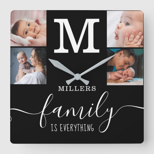 Zwart 4 Foto Collage Familienaam Quote Monogram Vierkante Klok (Voorkant)