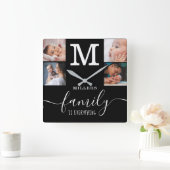 Zwart 4 Foto Collage Familienaam Quote Monogram Vierkante Klok (Huis)
