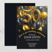 Zwart 50e verjaardag gouden ballonnen glitteren kaart (Voorkant / Achterkant)