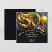 Zwart 50e verjaardag gouden ballonnen glitteren save the date (Voorkant / Achterkant)