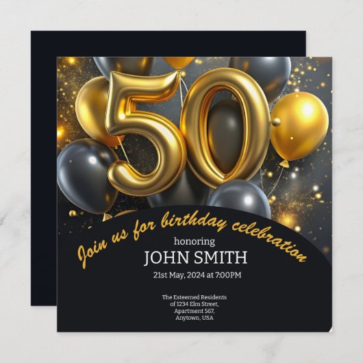 Zwart 50e verjaardag gouden ballonnen glitteren save the date (Voorkant / Achterkant)