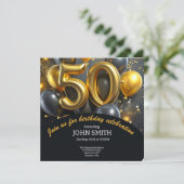 Zwart 50e verjaardag gouden ballonnen glitteren save the date (Staand voorkant)