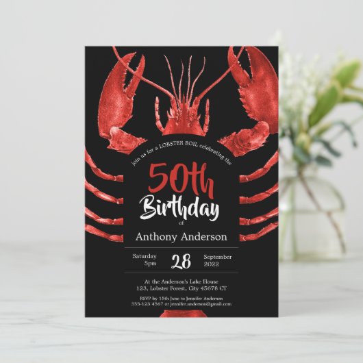 Zwart 50ste verjaardag kreeft zeevruchten zomer op kaart (Staand voorkant)
