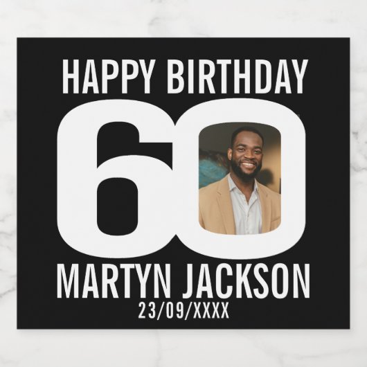 Zwart 60ste verjaardag aangepaste foto naam label bier etiket (Enkel label)