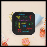 Zwart 70ste verjaardagsfeestje, Repeat Names Squar Papieren Bordje<br><div class="desc">Wat een geweldig, gepersonaliseerd papieren bord voor een 70ste verjaardagsfeestje of een andere gelegenheid. Naam en leeftijd worden herhaald in verschillende lettertypen en primaire kleuren op een zwarte achtergrond. Eenvoudig te personaliseren - VERANDER GEWOON NAAM, LEEFTIJD en GELEGENHEID OP ÉÉN PLAATS. Ondersteunt naam tot 9 tekens. Een kleurrijke en leuke...</div>