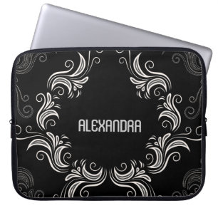 Zwart A& White Baroque Swirls-Monogram Laptop Sleeve