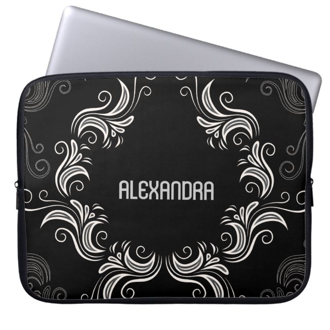 Zwart A& White Baroque Swirls-Monogram Laptop Sleeve (Voorkant)