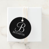 Zwart, aangepast script monogram en naam bedankjes labels (In situ)