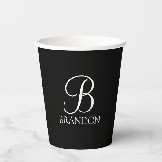 Zwart, aangepast script monogram en naam papieren bekers (Voorkant)