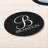 Zwart, aangepast script monogram en naam ronde kartonnen onderzetter (Gebogen)