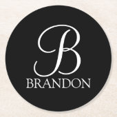 Zwart, aangepast script monogram en naam ronde kartonnen onderzetter (Voorkant)