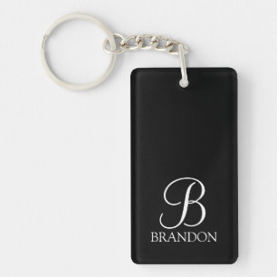 Zwart, aangepast script monogram en naam sleutelhanger