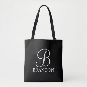 Zwart, aangepast script monogram en naam tote bag