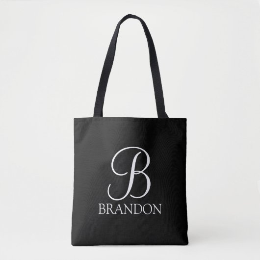 Zwart, aangepast script monogram en naam tote bag (Voorkant)