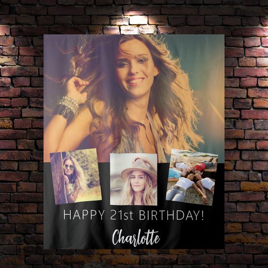 Zwart aangepaste fotocollage verjaardagsfeestje wandkleed