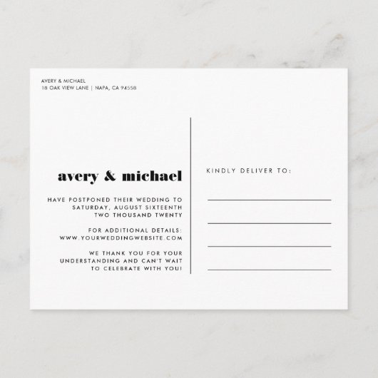 Zwart | Aankondiging uitstel moderne bruiloft (Achterkant)