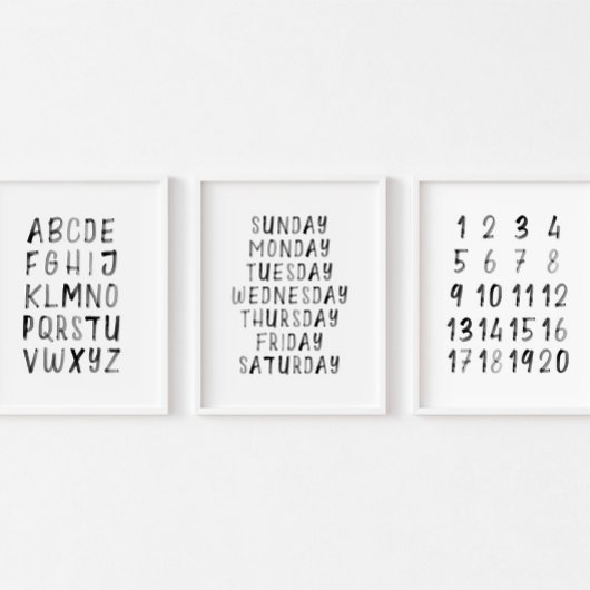 Zwart ABC nummers dag van de week print set van 3