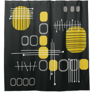 Zwart Abstract Barkcloth Black Yellow Douchegordijn