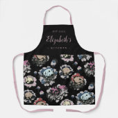 Zwart abstract bloempatroon op maat gekookt schort (Voorkant)