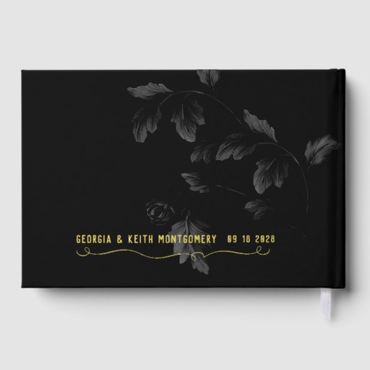 Zwart Acanthus Leaf Gold Script Elegant Wedding Gastenboek (Achterkant)
